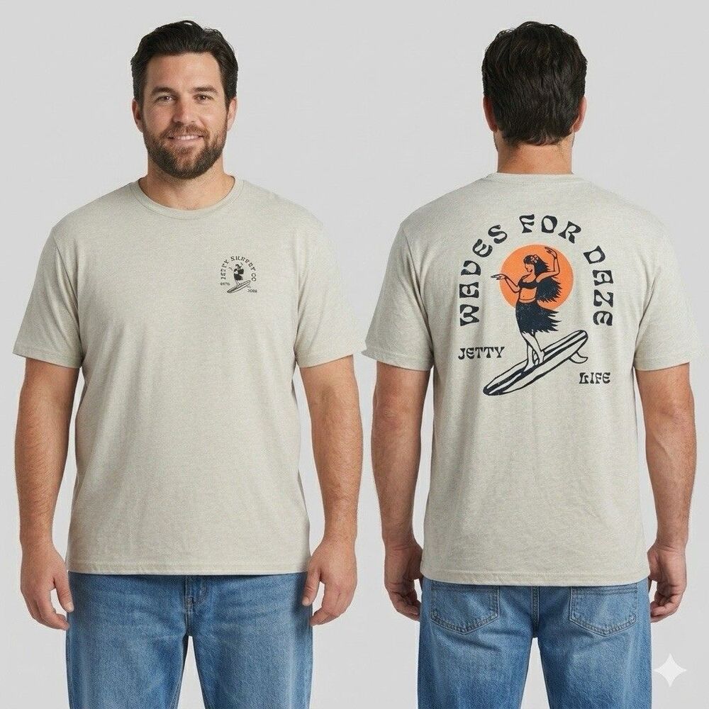 Jetty Supply Co XXL Men T-Shirt Heather Khaki Hula Girl Surfer Waves For Daze